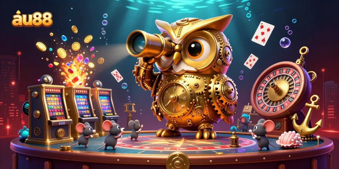 Experience excitement at au88 with a vibrant scene featuring casino elements and whimsical characters.