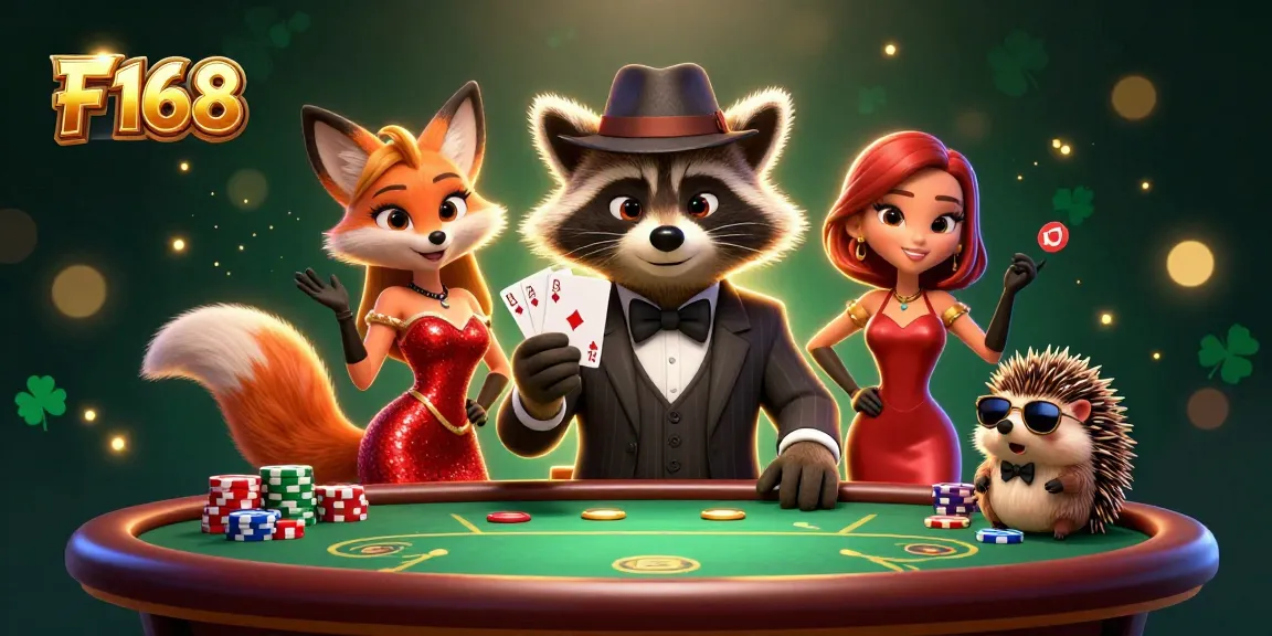 Engage in thrilling poker action at F 168 with a suave raccoon, stylish fox, and a hedgehog bouncer.