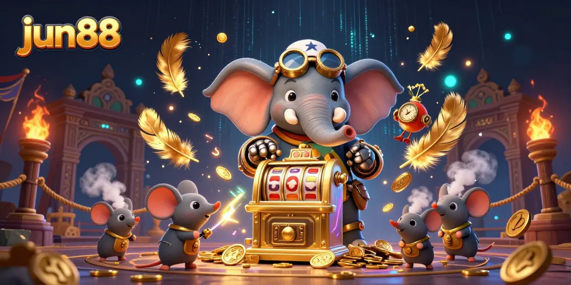 Spin the golden slot machine at jun88, guided by a whimsical steampunk elephant engineer in a vibrant 3D scene.