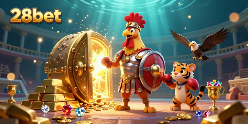 Engaging 28bet casino illustration with a gladiator rooster and treasure elements.