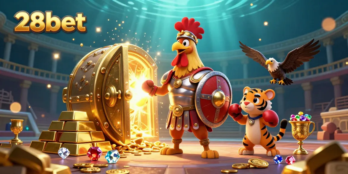 Engaging 28bet casino illustration with a gladiator rooster and treasure elements.