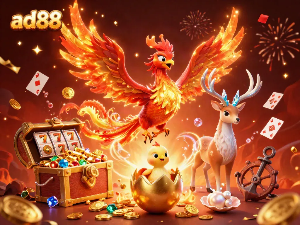 Experience the glorious ad88 journey in this vibrant 3D illustration of a phoenix amid spectacular casino elements.