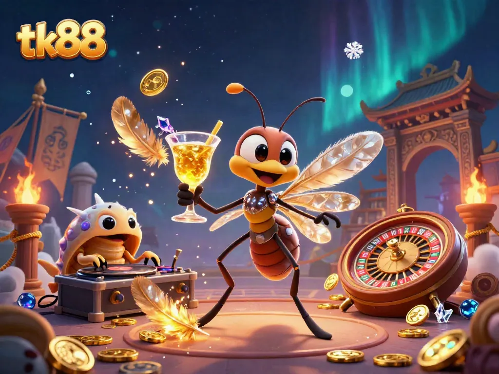 Engage in exciting games at tk88 with a cartoon mascot delivering golden cocktails and a trilobite DJ.