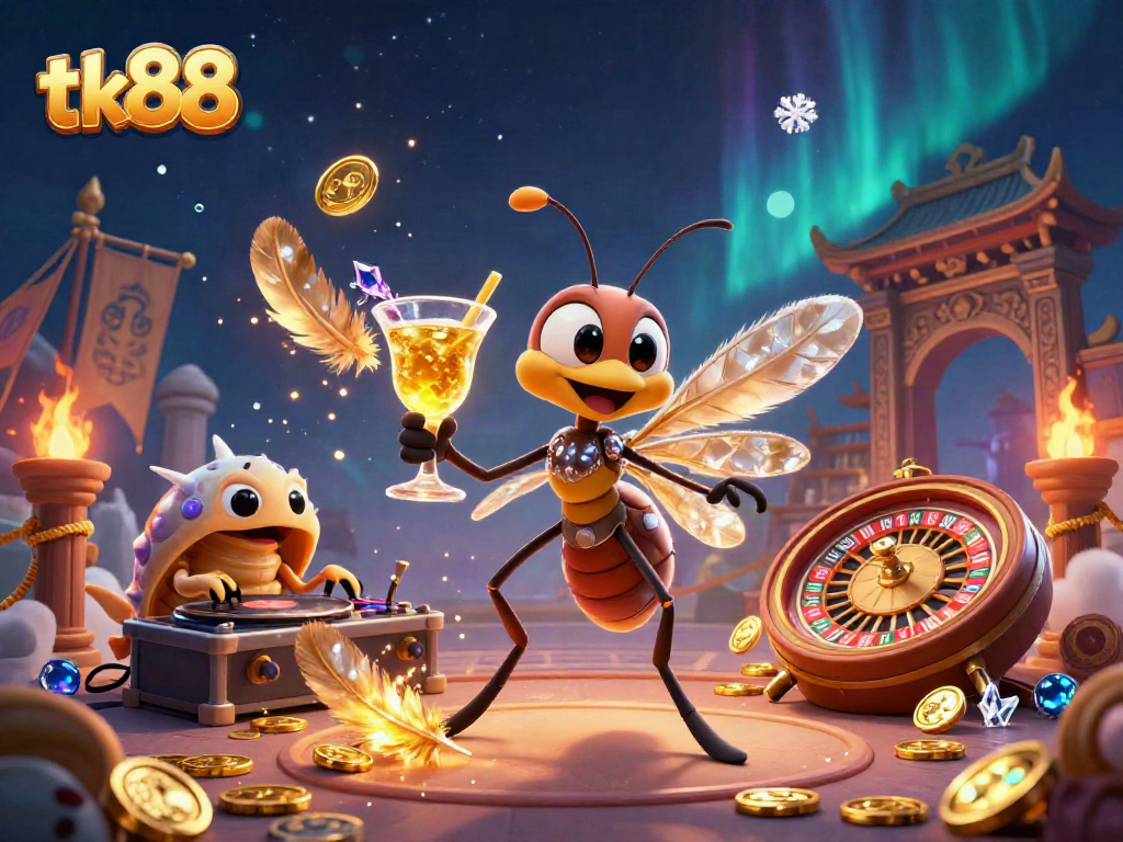 Engage in exciting games at tk88 with a cartoon mascot delivering golden cocktails and a trilobite DJ.