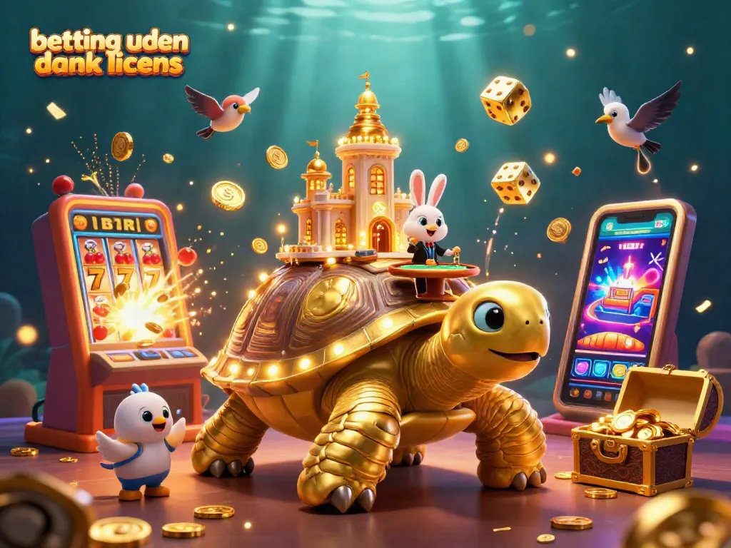 Engage in betting uden dansk licens with a vivid illustration of casino fun, featuring a golden tortoise and a rabbit dealer.