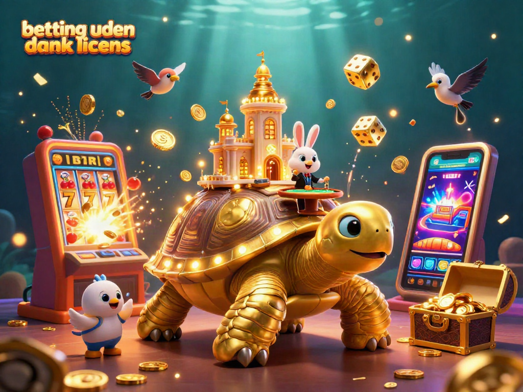 Engage in betting uden dansk licens with a vivid illustration of casino fun, featuring a golden tortoise and a rabbit dealer.