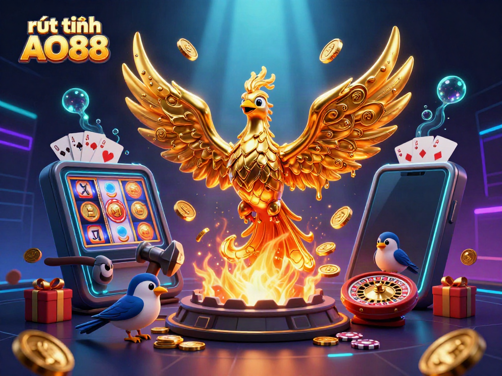 Experience thrilling rút tiền AO88 action with a vivid phoenix and dynamic casino elements in a vibrant 3D scene.