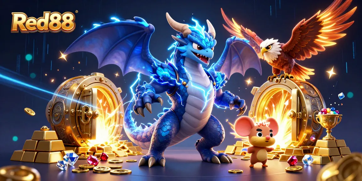 Engage in thrilling action at Red88 with iconic casino characters amid gold treasures.
