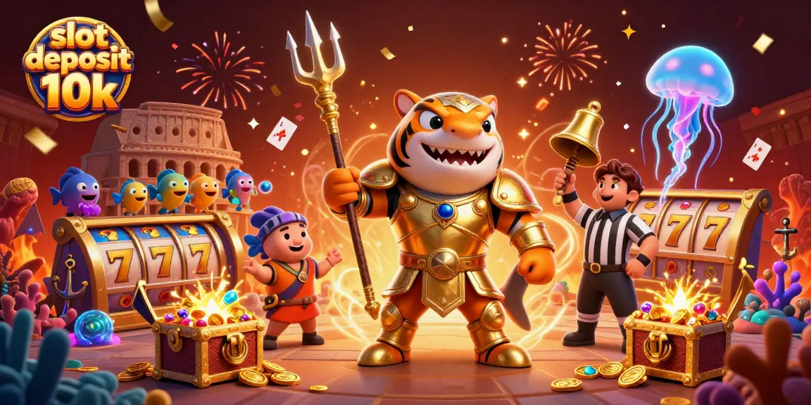 Engage in a thrilling slot deposit 10k experience with a fierce tiger shark in a vibrant casino scene.