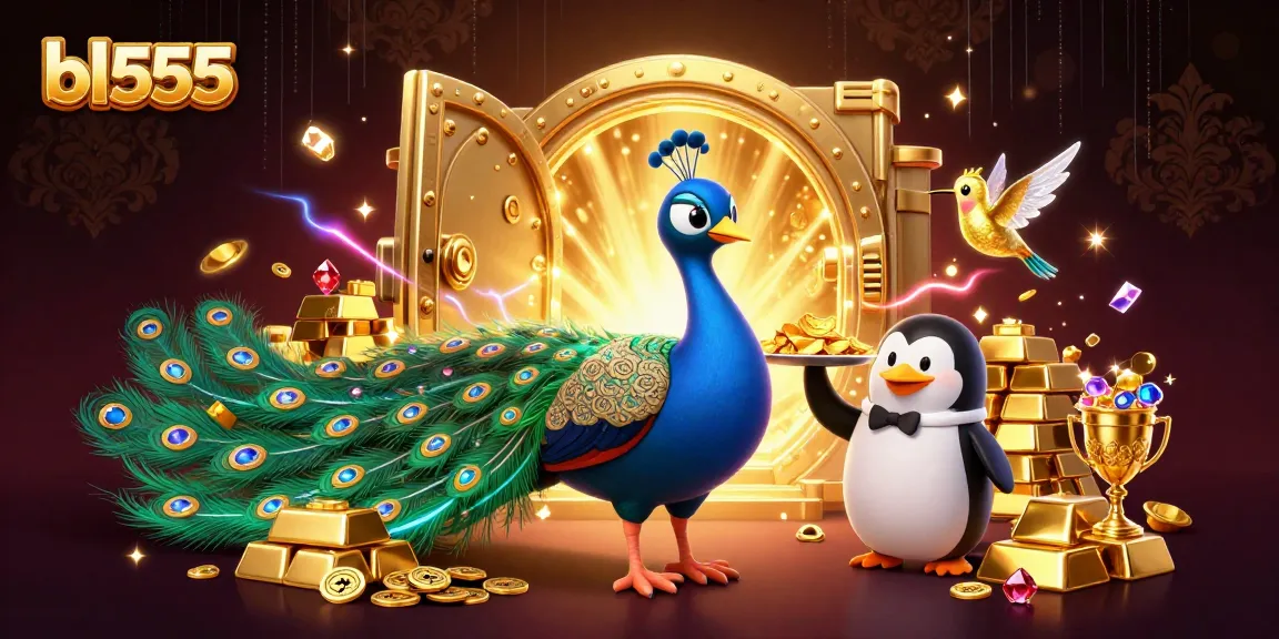 Win big at bl555 with vibrant peacock and penguin characters amidst golden treasures and dynamic casino elements.