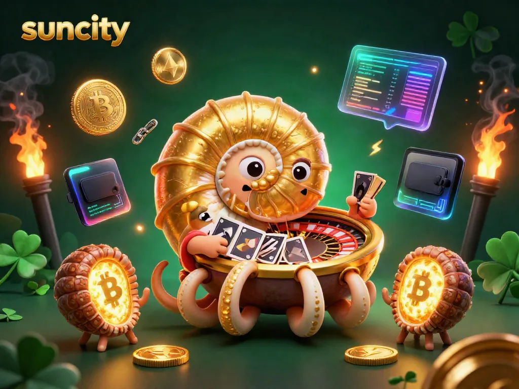 Engage in thrilling gameplay at Suncity with a giant nautilus roulette wheel and vibrant gambling elements.