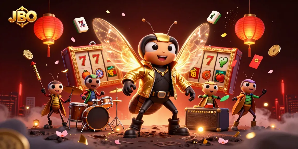 JBO slot game excitement with a cicada rock star and vibrant casino elements