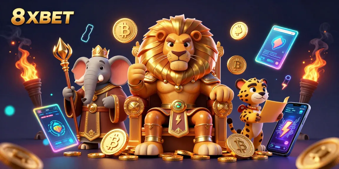 Engage in thrilling online gaming experiences with 8XBET's vibrant casino world highlighted by a fierce lion king.
