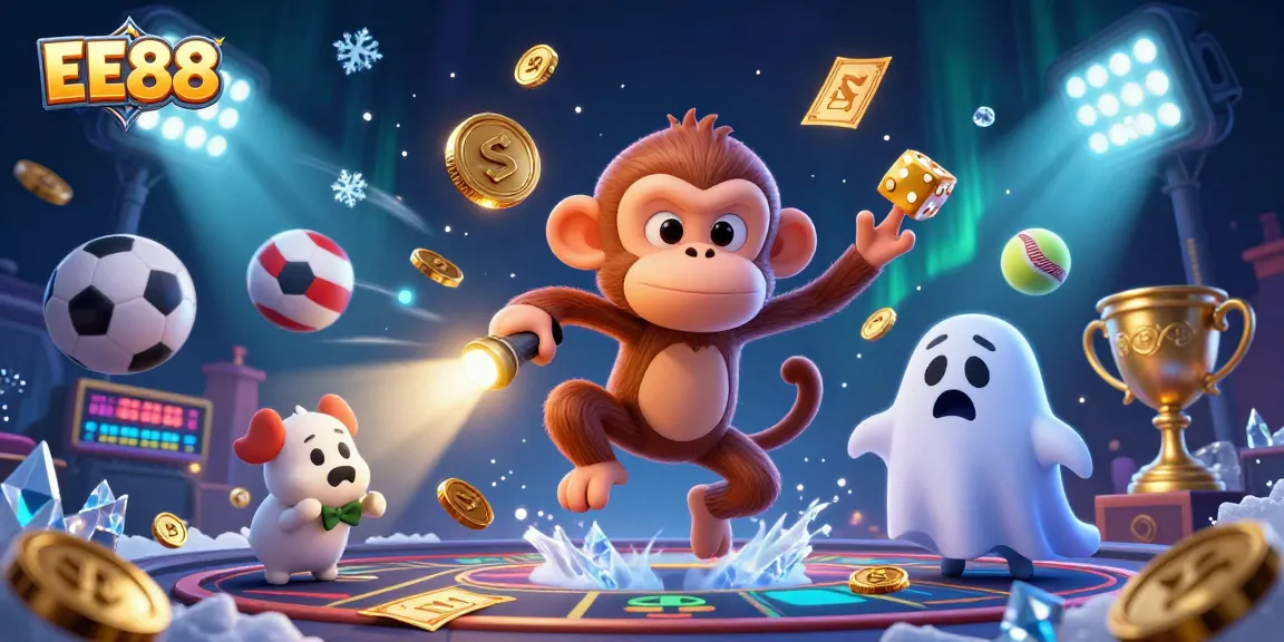 Experience the thrilling adventure at EE88, where a playful monkey juggles winning coins amidst an exciting casino scene.