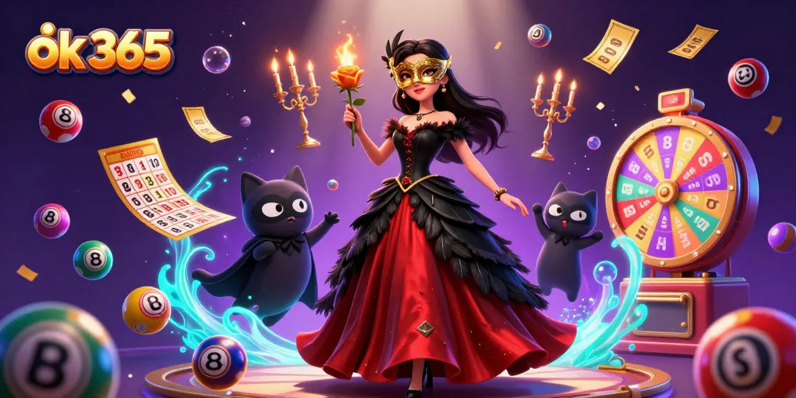 Join the excitement with ok 365 as vibrant lottery balls and gold tickets explode in a dynamic casino scene.