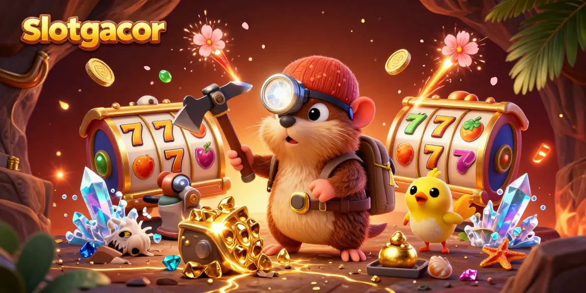 Experience the thrill of slotgacor with vibrant slot reels and a treasure hunter mole in action.