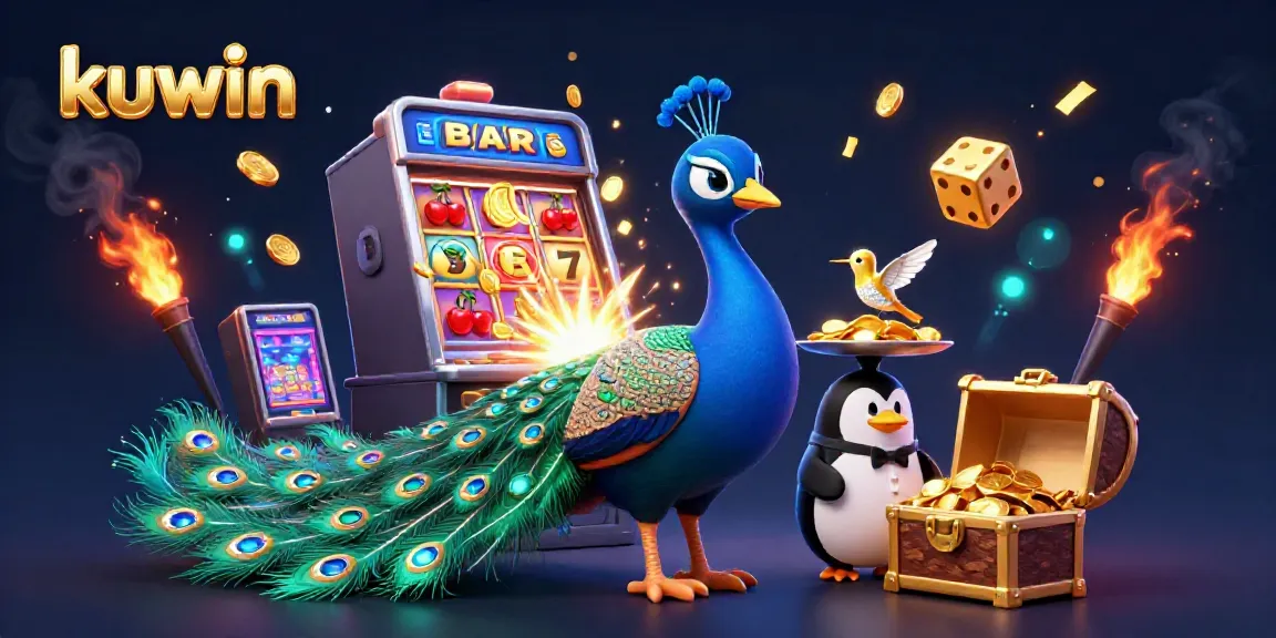 Kuwin slot machine jackpot illustration featuring a colorful casino scene with a peacock and golden chips