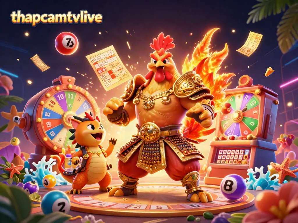 Experience thapcamtvlive with a powerful rooster warrior and dragon in a vibrant gaming scene.