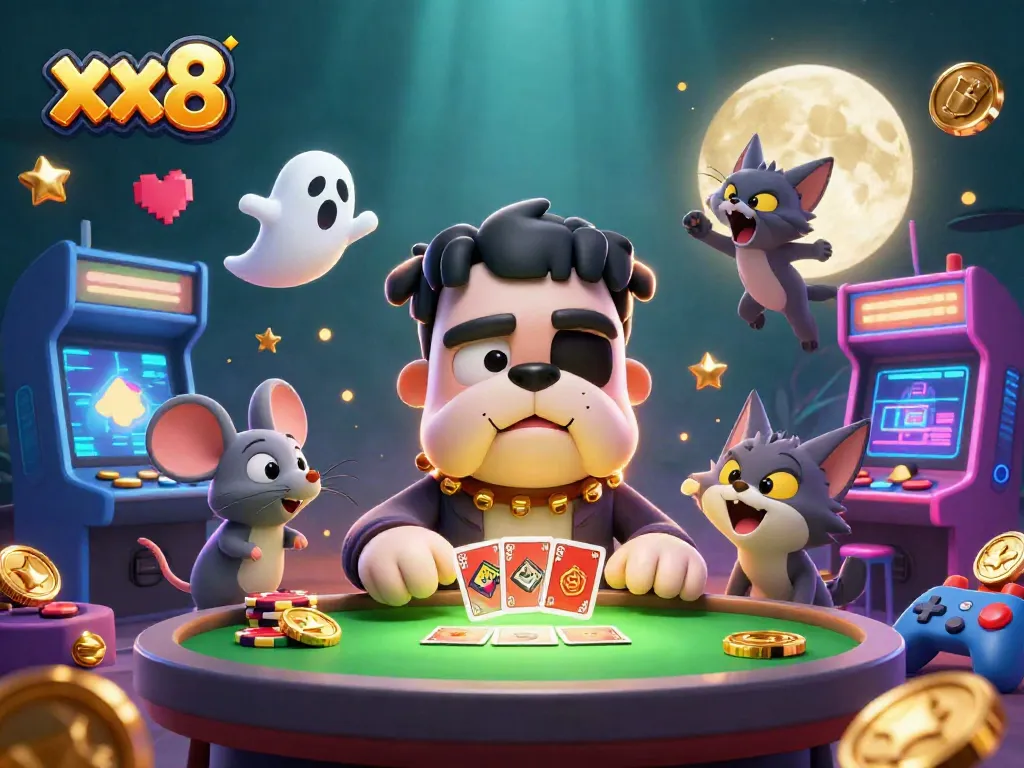 xx8 cards dealt by a Frankenstein bulldog monster at a spooky table illuminated with arcade elements