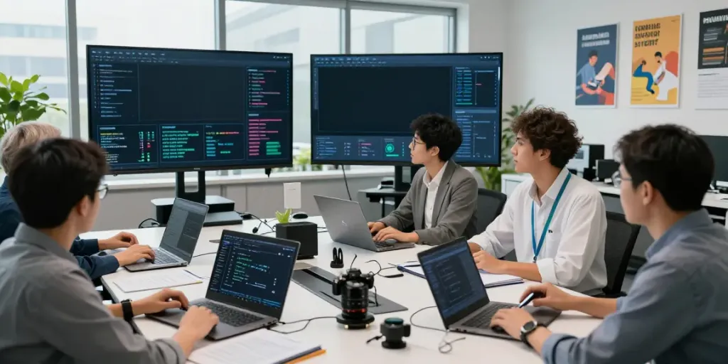Dynamic collaboration in a modern enterprise AI lab showcasing teamwork and innovation.