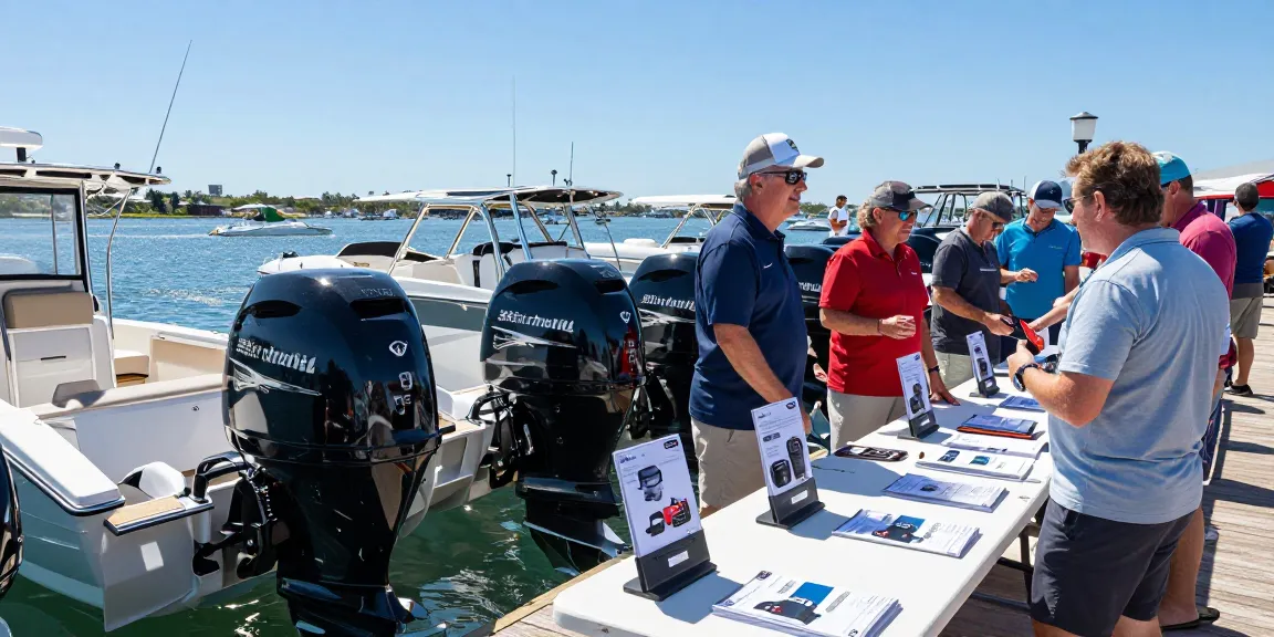 Explore a variety of outboard engine prices with enthusiasts engaged in discussions at a marine showcase event.