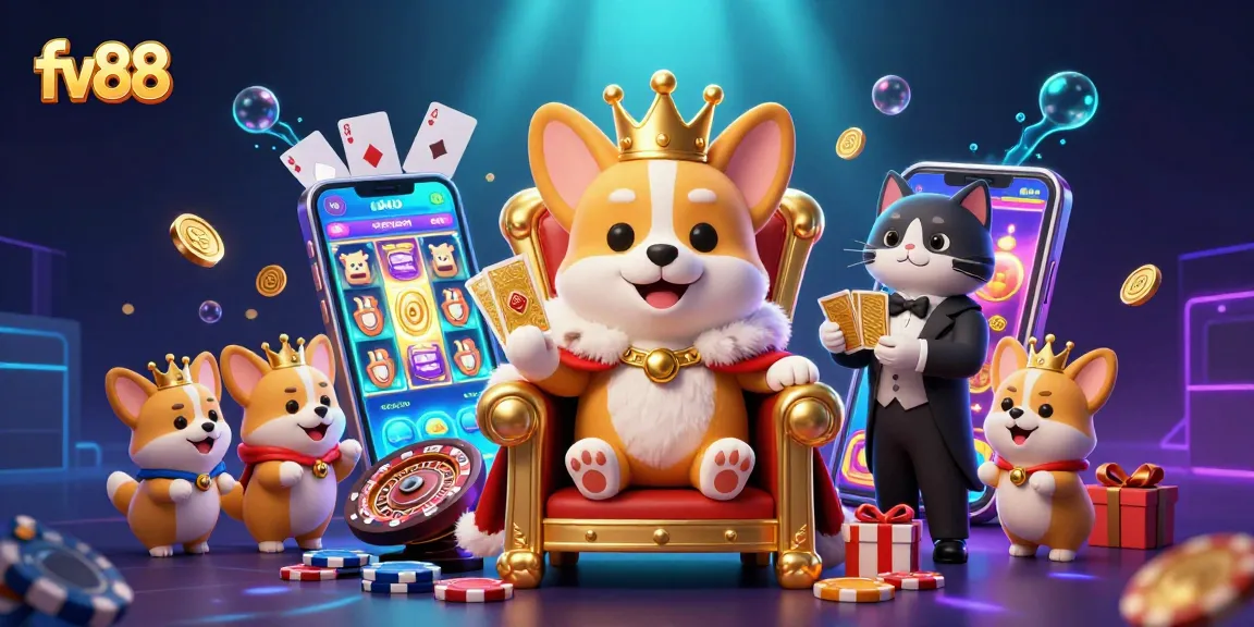 Experience high-energy gambling action with fv88's vibrant casino illustration featuring royal corgi characters.