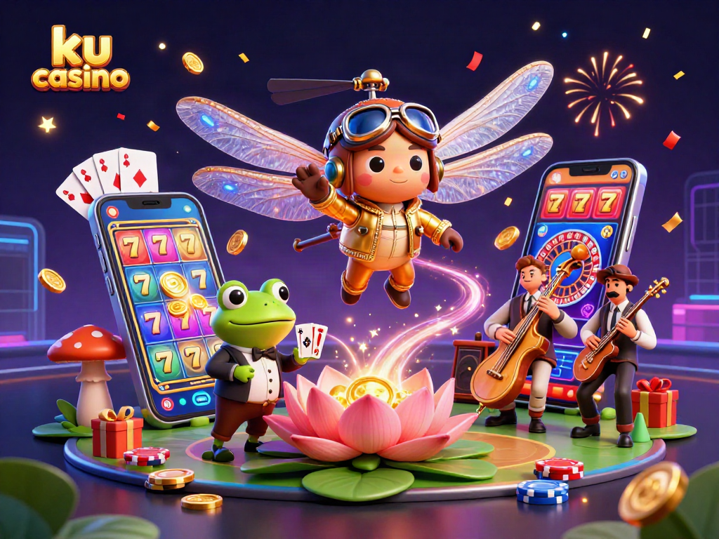 Experience the thrill of ku casino with vibrant characters, games, and excitement in this animated illustration.