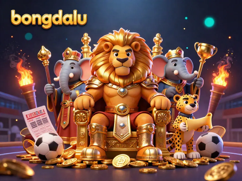 Bongdalu sports betting scene featuring a lion king, elephant advisor, and cheetah messenger surrounded by dynamic betting elements.