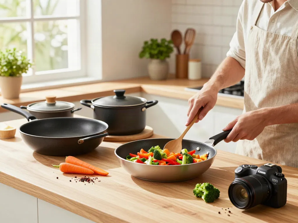 Non-Stick Cookware price in bangladesh: Home cook preparing a vibrant meal in a modern kitchen with colorful ceramic non-stick pots and fresh ingredients.