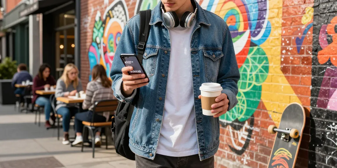Youth enjoying city life with Motchill app on smartphone in vibrant street setting.