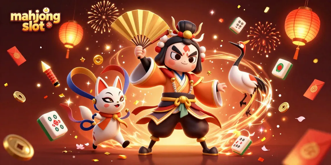 Experience the mahjong slot thrill with vibrant 3D characters amidst festive celebrations.