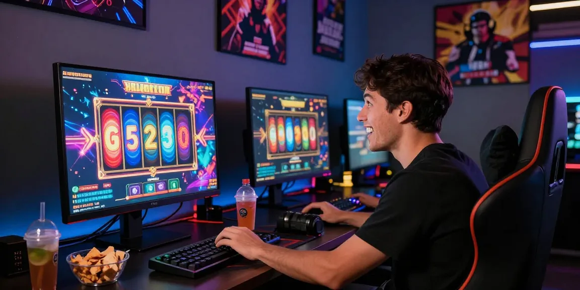 Engaged user experiencing luxury333 online slots on a vibrant gaming setup.