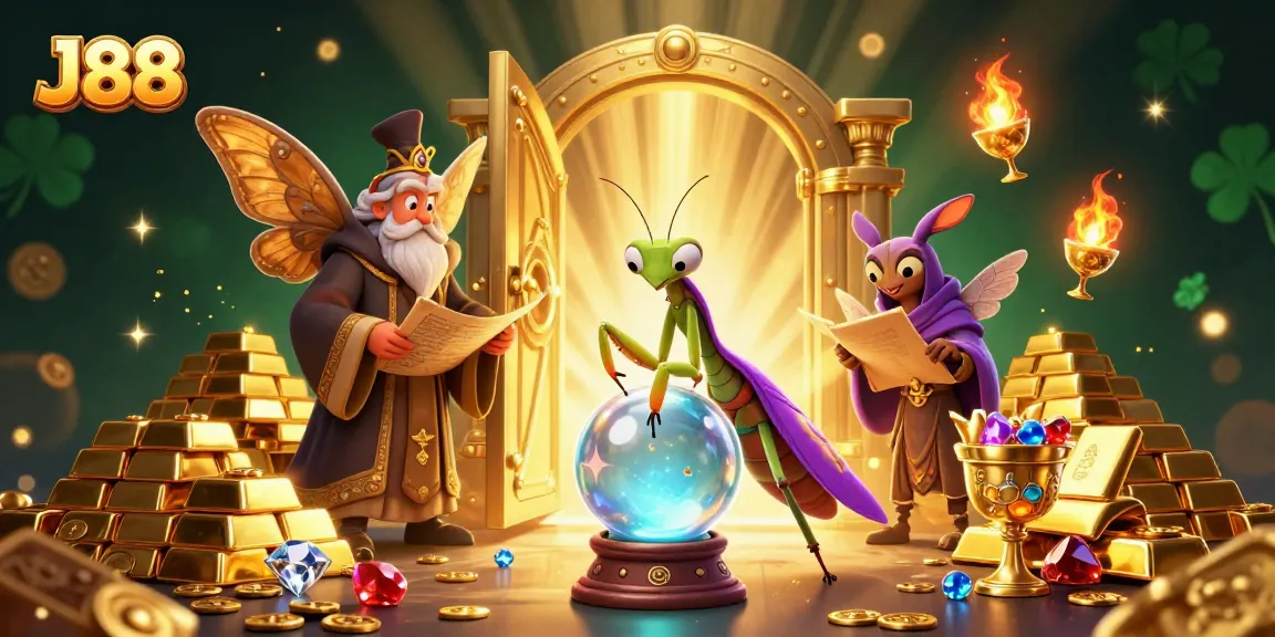 Engage with J88's magical casino world with vibrant elements and whimsical characters.