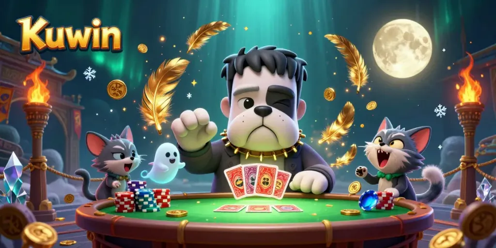 Kuwin card game scene with a Frankenstein bulldog monster, ghost mouse, and werewolf kitten, showcasing casino fun.