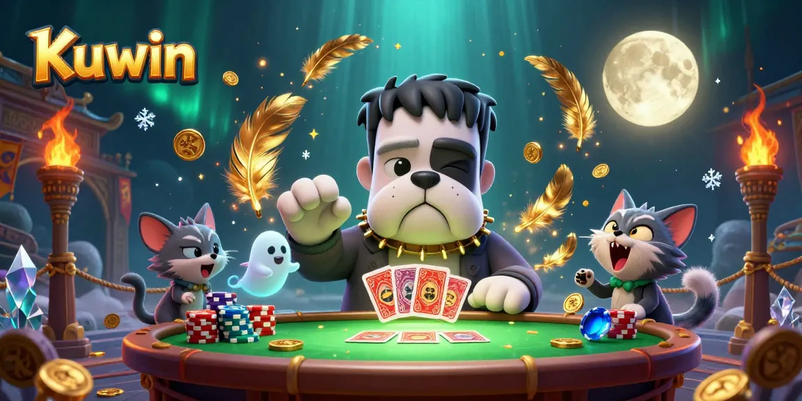 Kuwin card game scene with a Frankenstein bulldog monster, ghost mouse, and werewolf kitten, showcasing casino fun.