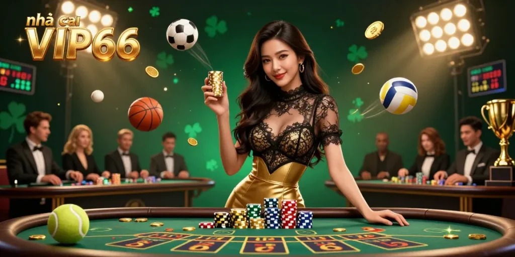 Experience high-stakes play at nhà cái VIP66 with the glamorous baccarat table and dazzling casino elements.