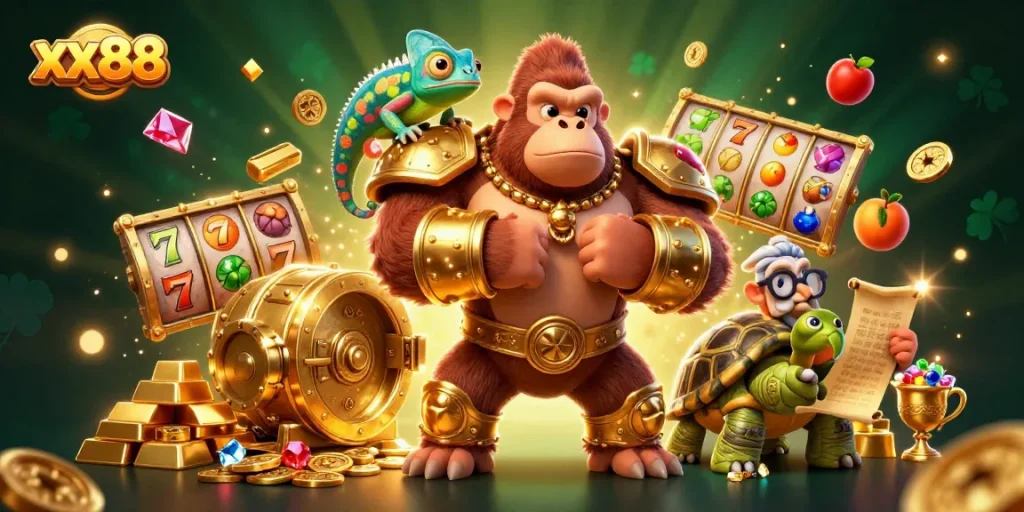 Win big at xx88 with a powerful gorilla king and a chameleon spy in an immersive casino adventure.