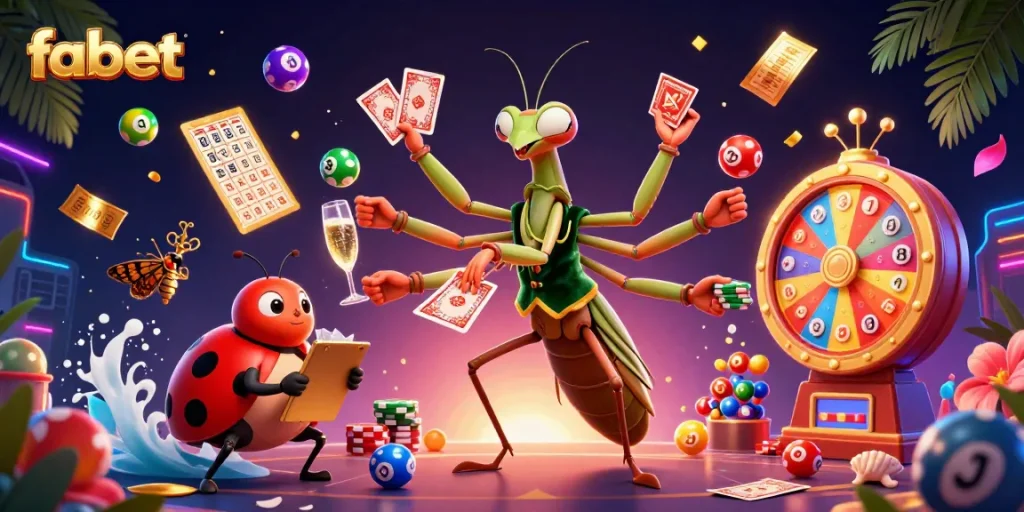 Experience the excitement of fabet casino with a vibrant 3D illustration of a giant praying mantis dealing cards and more.