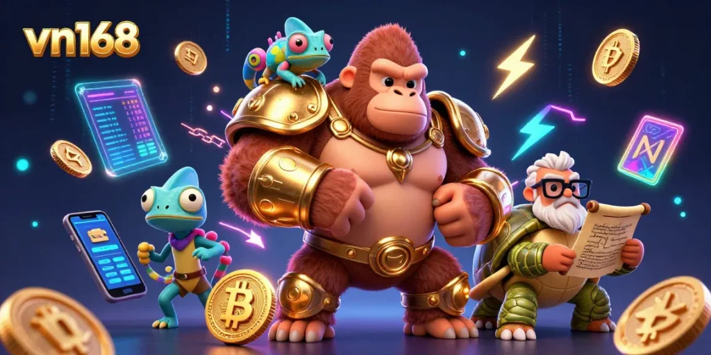 Engage in thrilling gameplay with vn168, featuring a powerful gorilla king and vibrant gambling elements.