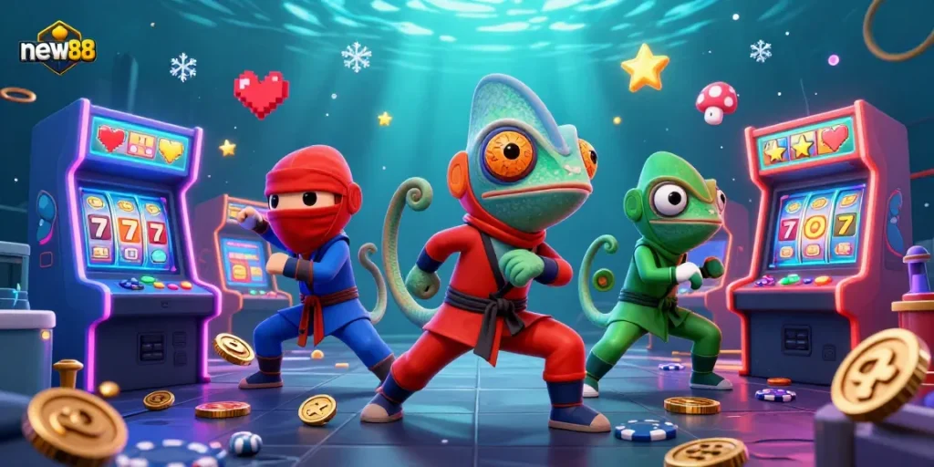 Experience new88 with vibrant chameleon ninjas and dynamic casino elements in engaging 3D illustration.