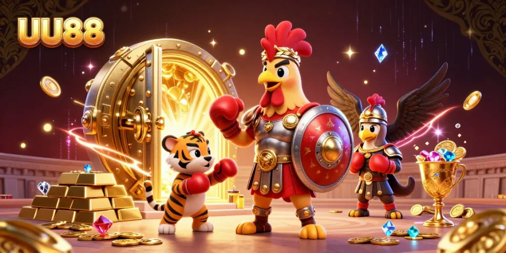 Experience thrilling gameplay at UU88 with a vibrant colosseum scene filled with gold and jewels.