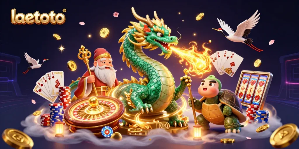 Launch exciting bets with laetoto featuring dynamic dragons, golden coins, and casino elements.