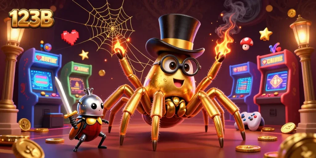 Experience thrilling gaming at 123B with a golden tarantula and beetle knight in an enchanting casino setting.