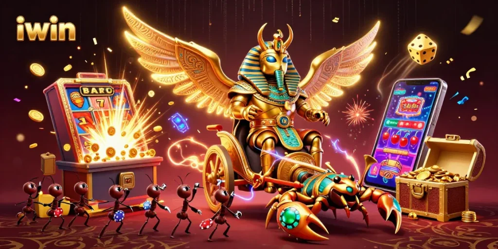 iwin's exciting jackpot celebration with a golden scarab beetle, scorpions, and casino elements