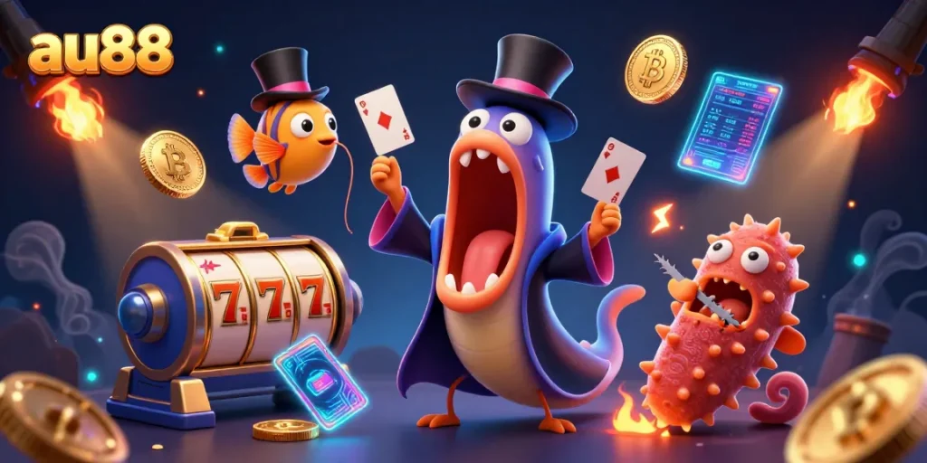 Experience the thrill of gaming with au88's vibrant characters and slot elements, showcasing an electrifying underwater casino scene.