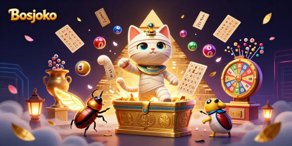 Win big at Bosjoko with vibrant lottery balls and a magical Egyptian theme.