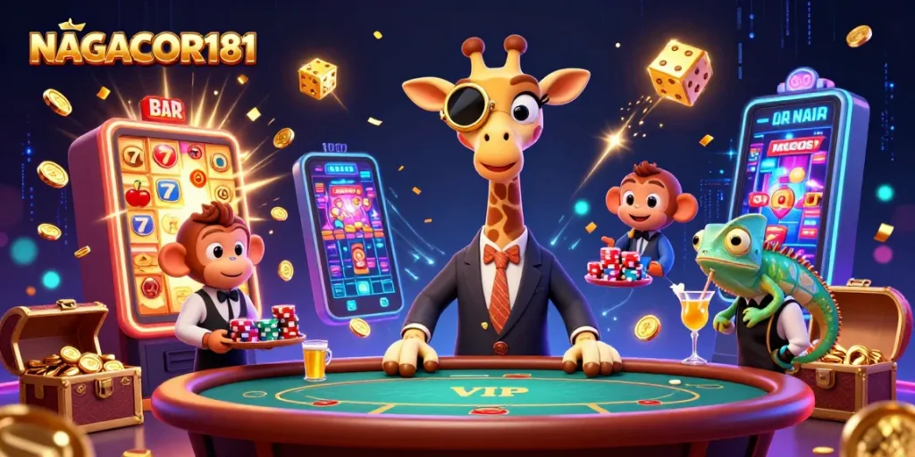 NAGACOR181 highlights thrilling casino experience with vibrant characters and dynamic gaming symbols.