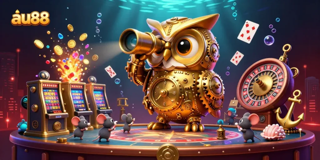 Experience excitement at au88 with a vibrant scene featuring casino elements and whimsical characters.