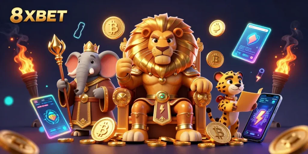 Engage in thrilling online gaming experiences with 8XBET's vibrant casino world highlighted by a fierce lion king.